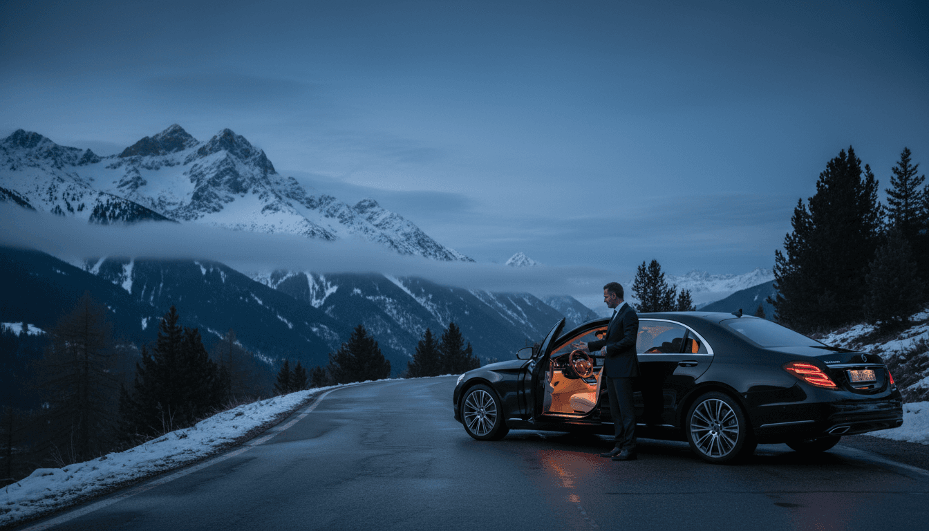 Chauffeur privé en costume ouvrant la portière d'une berline noire en montagne