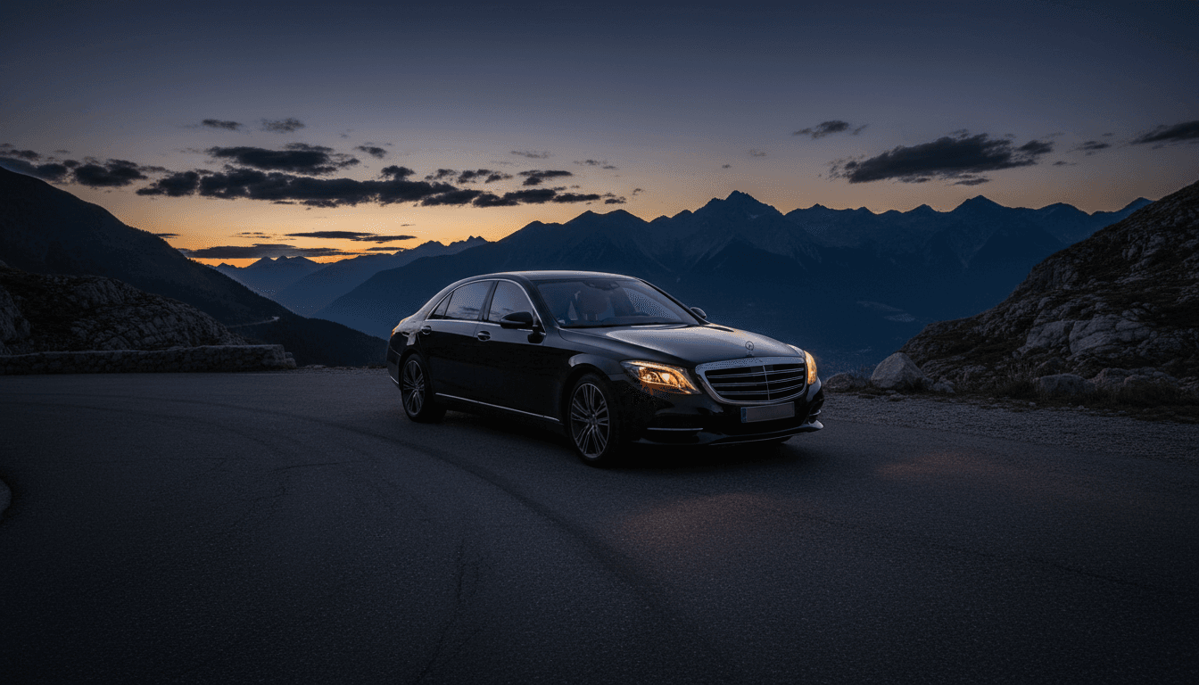 Berline noire garée en bord de route de montagne près d'Annecy au crépuscule