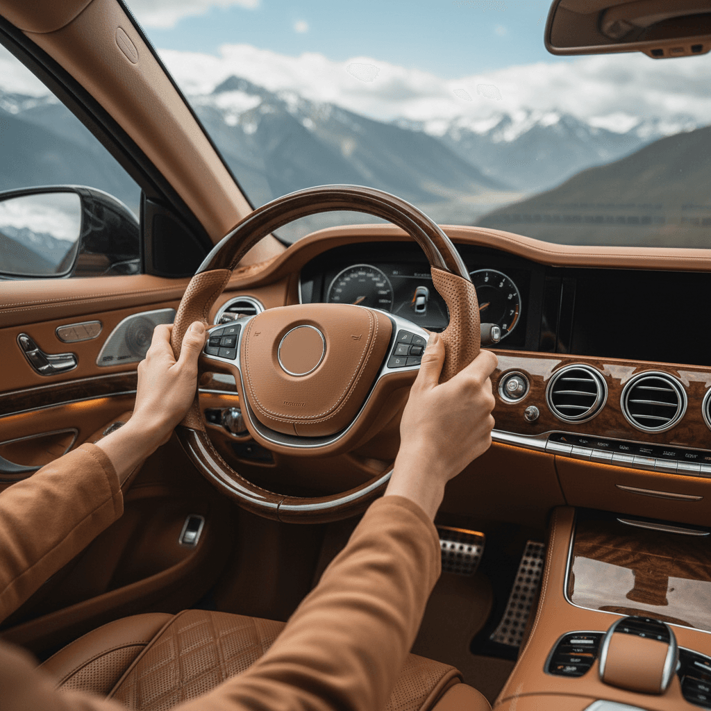 Intérieur cuir d'un véhicule premium face aux Alpes