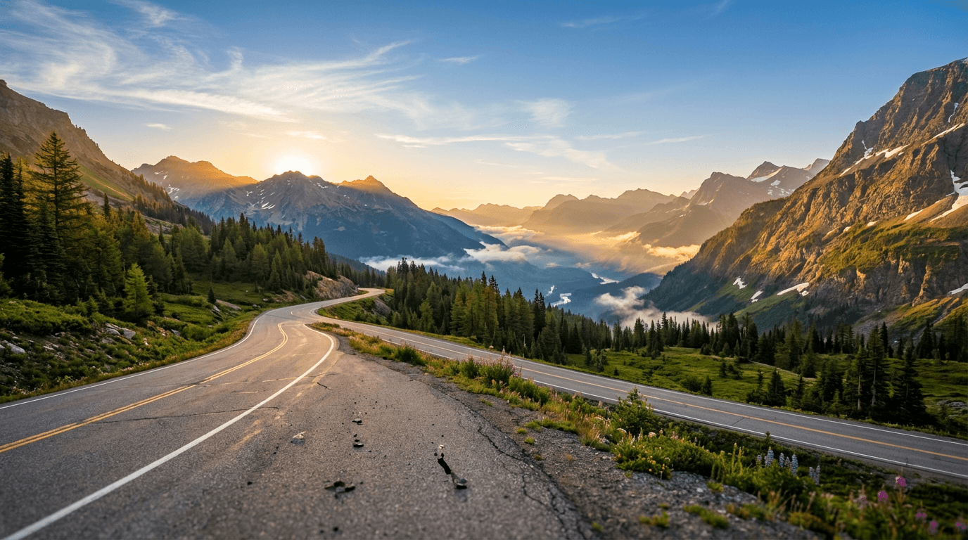 Vue aérienne d'un van noir sur une route des Alpes